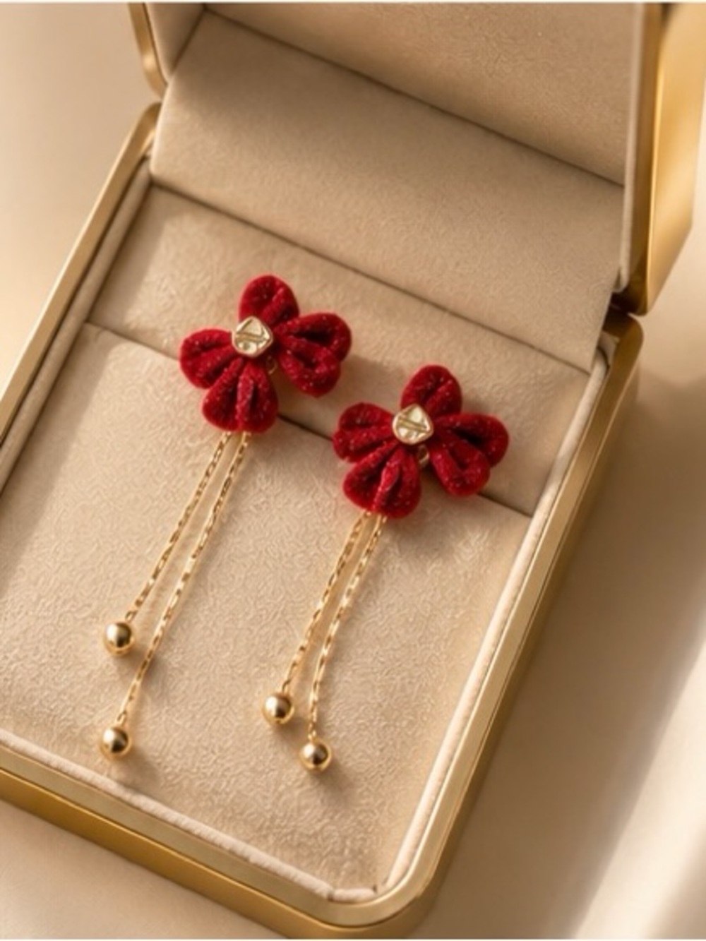 Elegant Red Velvet Flower Chain Drop Earrings
